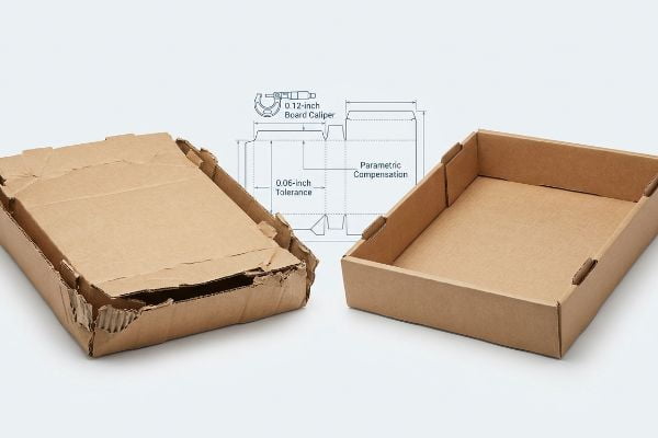 Corrugated trays: damaged vs. perfect. Blueprint details 0.12-inch Board Caliper, 0.06-inch Tolerance, Parametric Compensation.