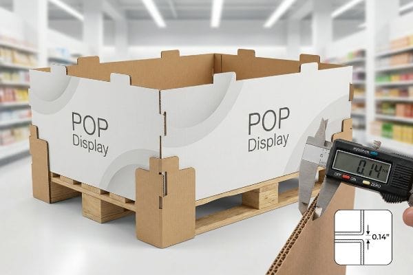 Présentoir PLV en carton ondulé sur une palette en bois, avec un pied à coulisse numérique mesurant une marge de dégagement de 0,14 pouce.