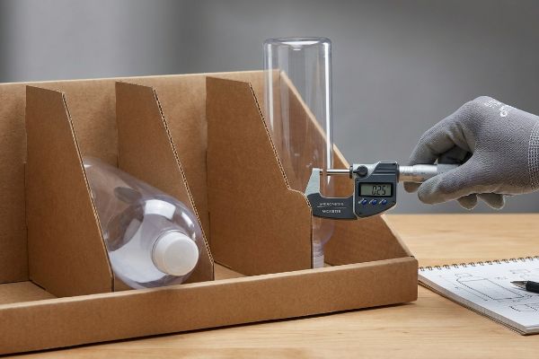 A grey-gloved hand measures 0.25-inch bottle clearance with a digital micrometer against a corrugated divider.