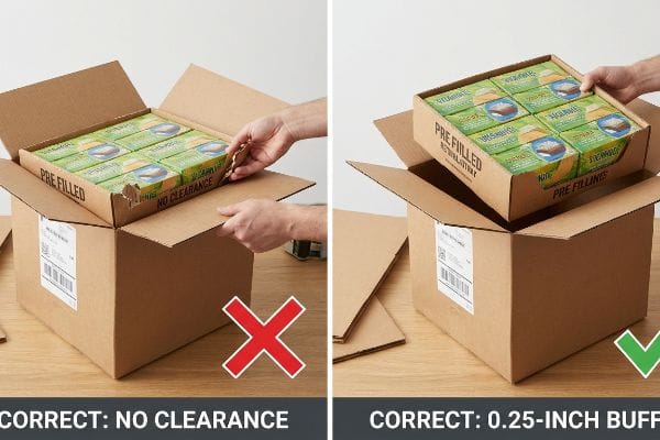 Corrugated cardboard boxes demonstrate the importance of a 0.25-inch clearance buffer for Pre Filled product trays, preventing friction lock.