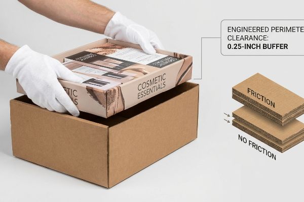 Corrugated shipping box receiving a 'Cosmetic Essentials' tray, showcasing 0.25-inch engineered perimeter clearance to prevent friction.