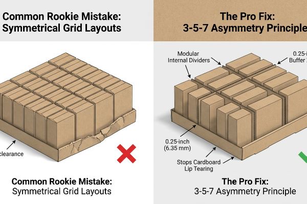 Kraft boxes illustrate the 3-5-7 Asymmetry Principle with Modular Internal Dividers and 0.25-inch Buffer Zones, preventing Cardboard Lip Tearing from Symmetrical Grid Layouts.