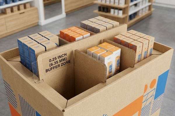 Corrugated POSM display with modular dividers and a 0.25 Inch (6.35 Mm) Buffer Zone for retail product boxes.