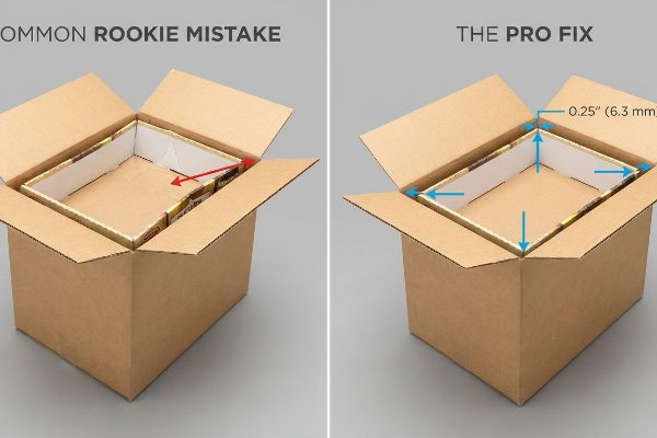 Brown corrugated boxes demonstrate a Common Rookie Mistake of tight nesting versus The Pro Fix, showing 0.25 inches (6.3 mm) master carton clearance.
