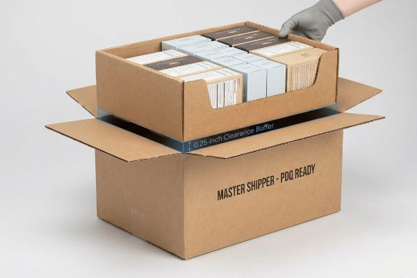 A hand places a corrugated retail tray into a Master Shipper - PDQ Ready box, showing the 0.25-inch clearance buffer.