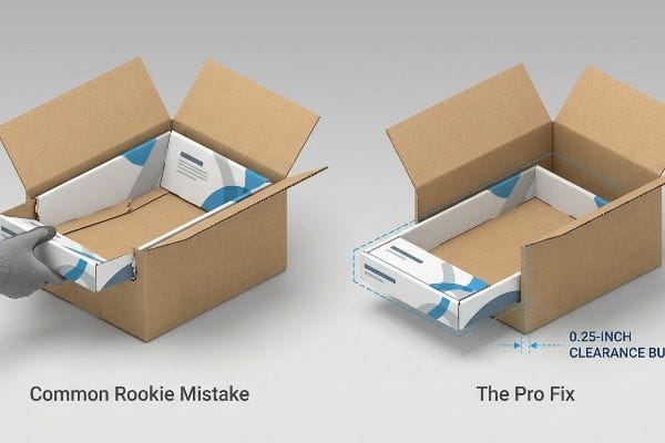 Common Rookie Mistake: tight retail tray. Pro Fix: 0.25-inch Clearance Buffer, easy box extraction.