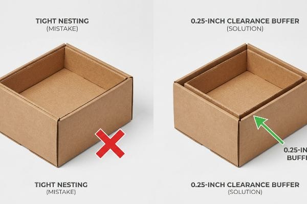 Brown corrugated cardboard boxes demonstrate Tight Nesting (Mistake) versus a 0.25-Inch Clearance Buffer (Solution) for friction-free packaging.