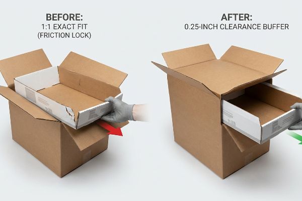 Brown master cartons compare Before 1:1 Exact Fit Friction Lock tearing nested trays and After 0.25-Inch Clearance Buffer for smooth removal.