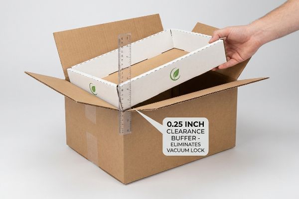 A clear ruler measures the 0.25 Inch Clearance Buffer between a white retail tray and a brown corrugated master carton, eliminating vacuum lock for easy unpacking.