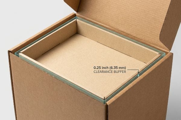 Brown corrugated board master carton showing a 0.25 inch (6.35 mm) Clearance Buffer between the outer box and inner retail tray.
