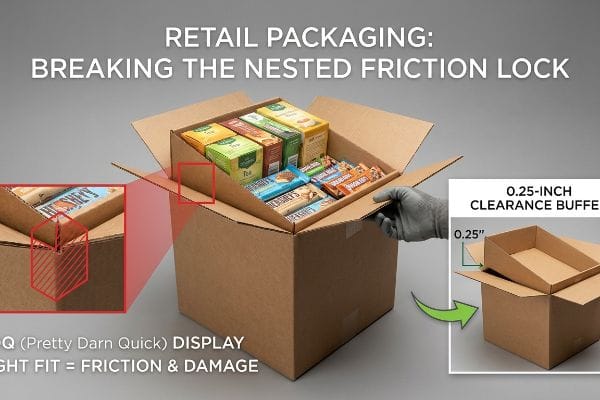 Corrugated retail packaging demonstrates a 0.25-inch clearance buffer preventing nested friction lock, contrasting tight fit damage for PDQ displays.