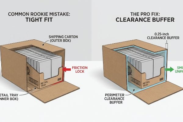Two corrugated shipping cartons illustrate packaging design: one with a Tight Fit causing Friction Lock, and another with a 0.25-inch Perimeter Clearance Buffer for Smooth Unpack.