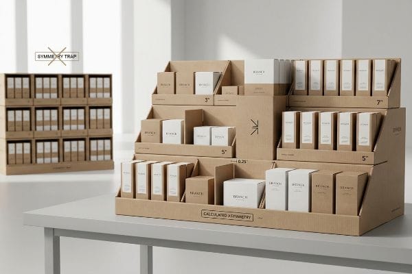 Le présentoir en carton ondulé illustre une « asymétrie calculée » avec des produits « Branche », comportant des niveaux de 3", 5" et 7" et un dégagement de 0,25", contrastant avec un « piège de symétrie ».