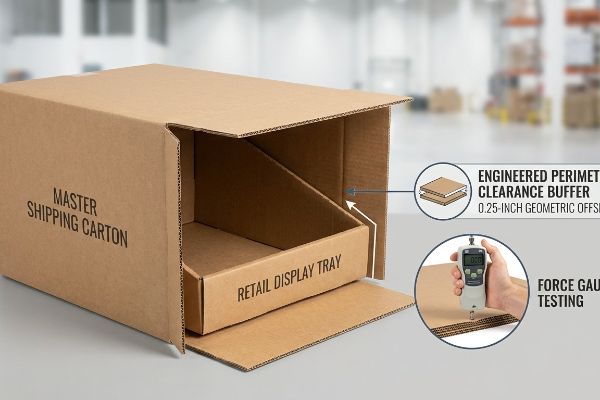 Corrugated Master Shipping Carton and Retail Display Tray, showing 0.25-inch Engineered Perimeter Clearance Buffer and Force Gauge Testing.