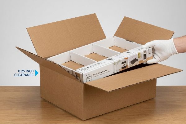 A gloved hand places a white Round Top Retail-Ready Display tray into a corrugated shipping box with white dividers, highlighting a 0.25 Inch Clearance.