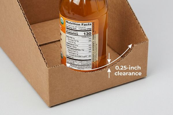 Corrugated display tray with custom geometric swoop, showing 0.25-inch clearance for bottle's Nutrition Facts label.