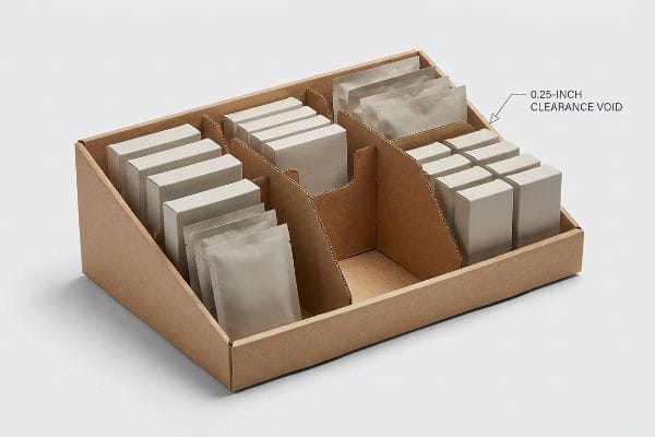 Brown corrugated cardboard display tray with modular dividers showcasing asymmetrical product clusters and a 0.25-Inch Clearance Void for frictionless restocking.