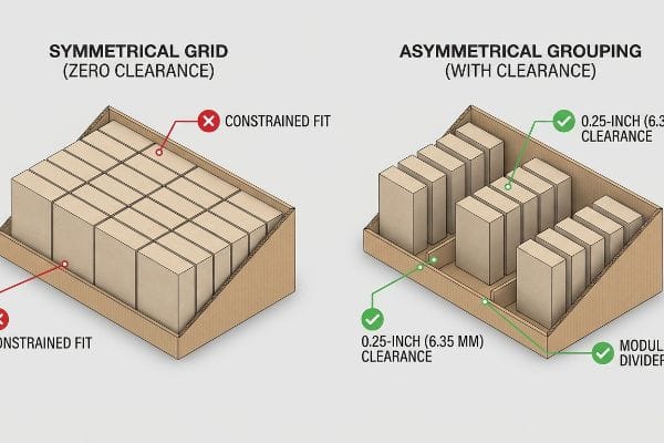 Cardboard display trays illustrate Symmetrical Grid (Zero Clearance) with Constrained Fit versus Asymmetrical Grouping (With Clearance) featuring 0.25-inch (6.35 mm) clearance and Modular Dividers.