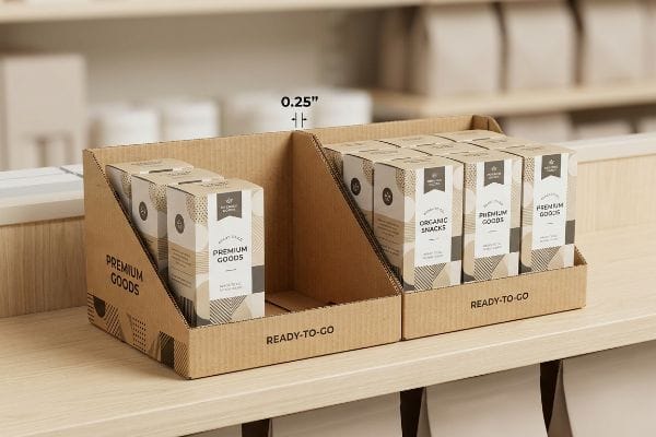 Corrugated cardboard PDQ display units with 0.25-inch clearance, showcasing 'All Natural Blends' Premium Goods and Organic Snacks boxes, labeled Ready-To-Go.