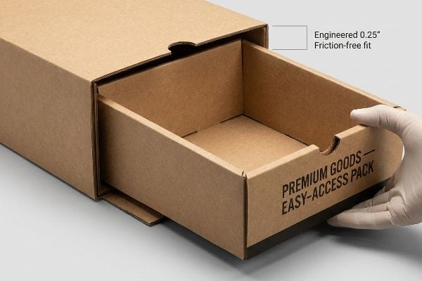 Corrugated box with hand pulling 'Premium Goods - Easy-Access Pack' tray, showing engineered 0.25-inch friction-free fit.