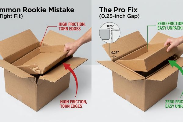 Cardboard packaging comparison: tight fit causes high friction and torn edges, while a 0.25-inch gap ensures zero friction and easy unpacking.