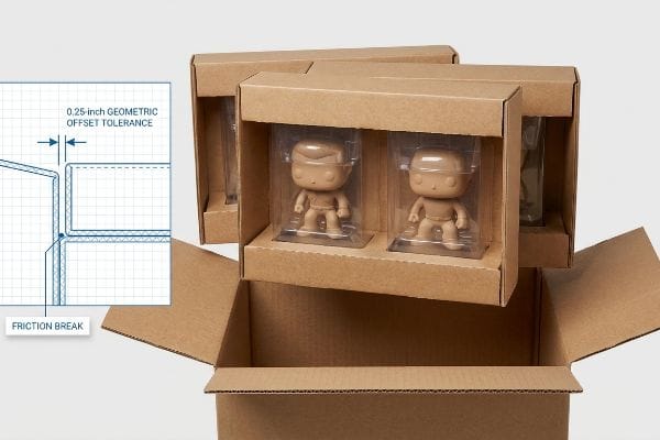 Corrugated cardboard dual-pack display trays with 0.25-inch Geometric Offset Tolerance and Friction Break, holding unpainted Funko POPs.