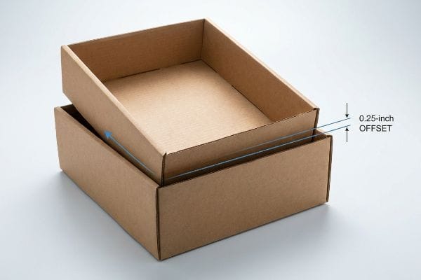 Brown corrugated boxes illustrating a 0.25-inch Offset, showing one empty box nested above another for friction clearance.