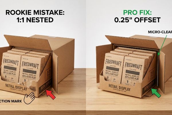 Corrugated boxes show a 1:1 Nested Friedwraft Retail Display with torn lip vs. Pro Fix 0.25-inch Offset Micro-Clearance.