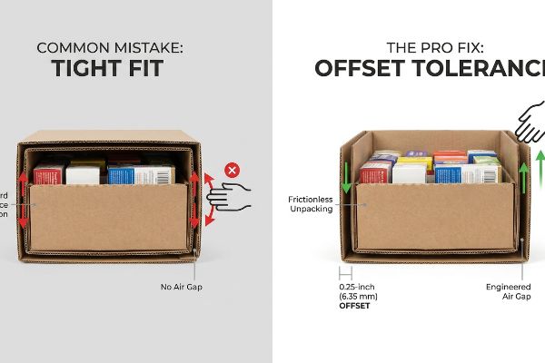 Corrugated boxes show Common Mistake Tight Fit (no air gap) vs. Pro Fix Offset Tolerance (0.25-inch engineered air gap).