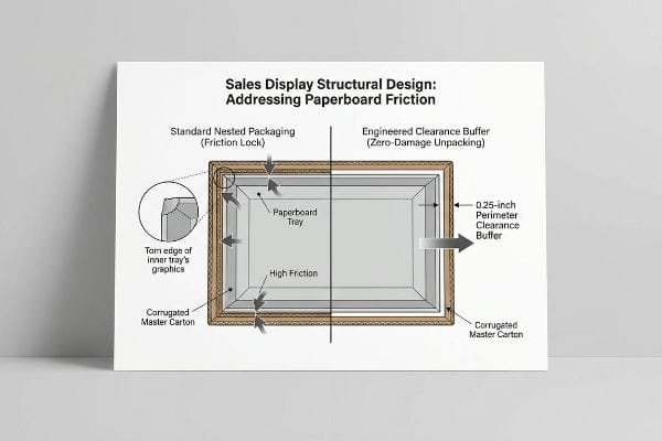 Packaging friction diagram: Standard Nested Packaging causes torn graphics; 0.25-inch Engineered Clearance Buffer prevents damage.