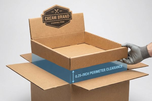 Corrugated Cream Brand display tray with 0.25-Inch Perimeter Clearance being lowered into a master shipping carton.