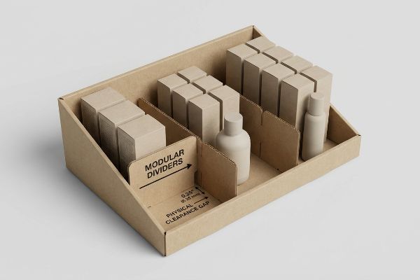 Plateau de présentation en carton ondulé pour la vente au détail, doté de séparateurs modulaires et d'un espace de dégagement physique de 0,25 pouce (6,35 mm), permettant d'organiser les boîtes et les bouteilles.