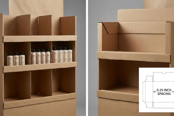Natural kraft paperboard pallet wall display with modular SKU dividers, showcasing shampoo bottles and a diagram indicating 0.25-inch spacing for products.