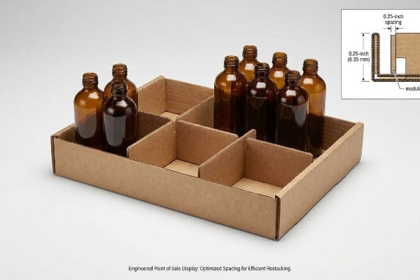 Plateau de présentation en carton ondulé, séparateurs modulaires, flacons ambrés. Le schéma indique un espacement de 6,35 mm (0,25 pouce) pour le réapprovisionnement.