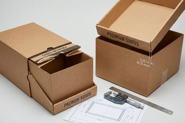 Corrugated cardboard retail trays, branded 'Premium Goods', illustrate a 0.25 inch (6.35 mm) perimeter clearance buffer, alongside a micrometer and dieline.