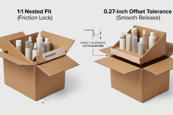 Brown corrugated boxes illustrate 1:1 Nested Fit (Friction Lock) vs. 0.27-inch Offset Tolerance (6.85 MM) for smooth release cosmetic packaging.