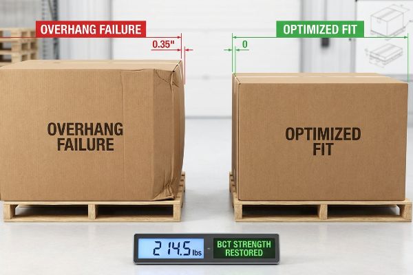Cardboard boxes on pallets illustrate 0.35-inch Overhang Failure versus Optimized Fit, showing BCT Strength Restored to 214.5 lbs.