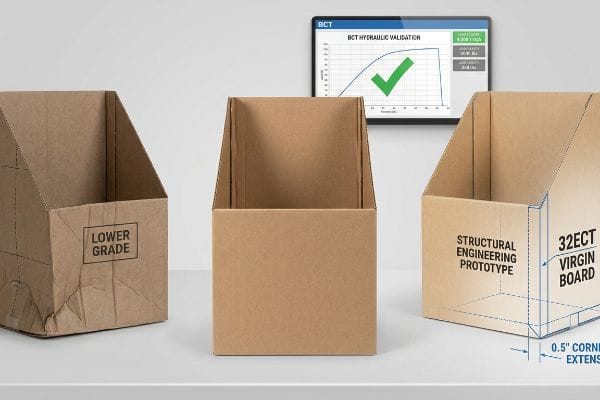 Three corrugated boxes: a crumpled Lower Grade, a plain, and a Structural Engineering Prototype with 32ECT Virgin Board and 0.5 Corner Extension, validated by BCT Hydraulic Validation.
