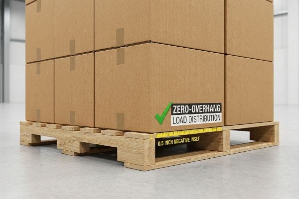 Brown corrugated boxes stacked on a wooden pallet, demonstrating Zero-Overhang Load Distribution with a 0.5 Inch Negative Inset for optimal stability.