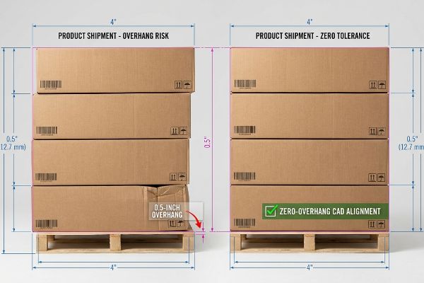 Brown cardboard boxes on wooden pallets illustrate 0.5-Inch Overhang Risk versus Zero-Overhang CAD Alignment, preventing bottom-tier crush.