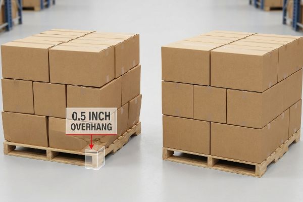 Brown cardboard master cartons on a wooden pallet show a 0.5 Inch Overhang, causing corner collapse, contrasted with a perfectly aligned pallet.