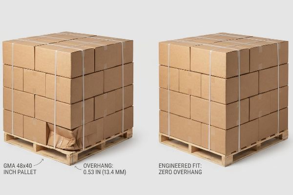 GMA 48x40 Inch Pallet with 0.53 Inch (13.4 Mm) overhang versus Engineered Fit: Zero Overhang boxes.
