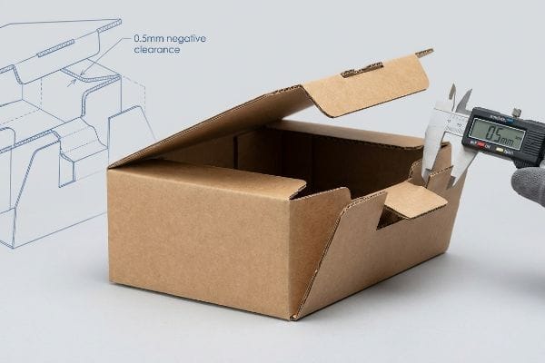 Corrugated box with 0.5mm negative clearance diagram, measured by a digital caliper showing 0.5mm.