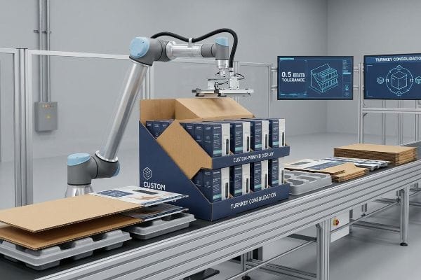 Custom-Printed Display assembly by a robotic arm, demonstrating 0.5 mm Tolerance for Turnkey Consolidation.