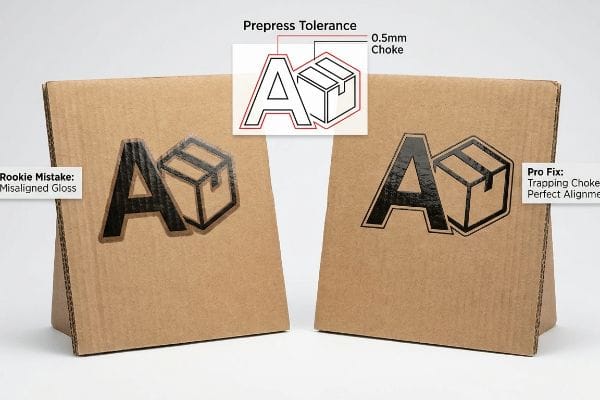 Corrugated cardboard demonstrates misaligned gloss versus perfect alignment achieved with 0.5mm trapping choke prepress tolerance.