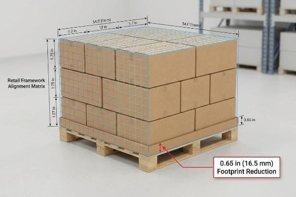 Cardboard boxes on a wooden pallet display a Retail Framework Alignment Matrix, illustrating a 0.65 in (16.5 mm) Footprint Reduction.