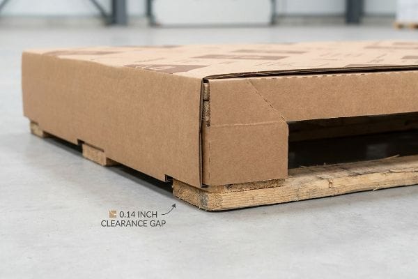 Brown corrugated cardboard base wrap showing a 0.14 Inch Clearance Gap above a wooden pallet.