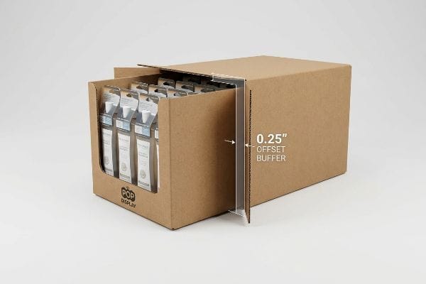 Brown corrugated master carton with a partially extracted retail-ready shelf tray, highlighting a 0.25-inch offset buffer. The Pop Display tray holds packaged goods.