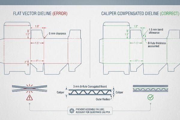 3 mm B-flute corrugated board dieline comparison: flat vector error (0 mm clearance) vs. caliper compensated (1.5 mm bend allowance).