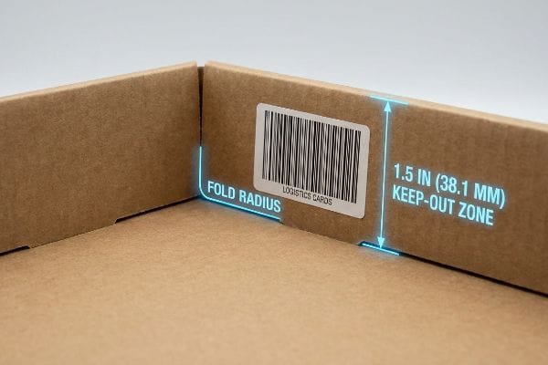 Brown corrugated cardboard box interior showing a barcode label for Logistics Cards with a highlighted 1.5-inch (38.1 mm) Keep-Out Zone from the Fold Radius.
